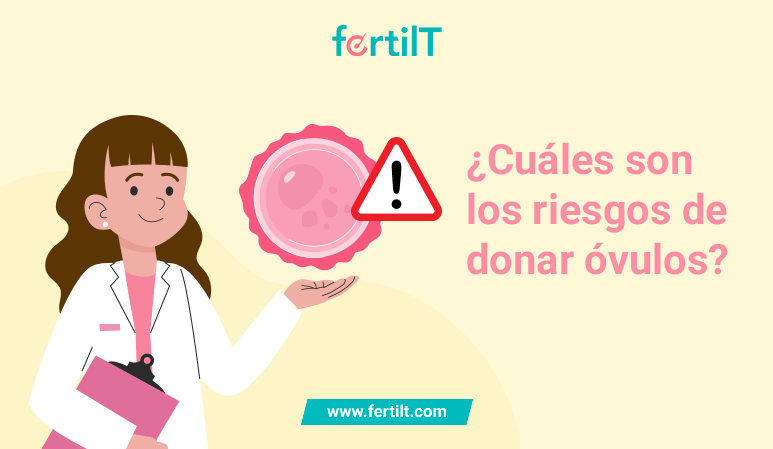 Portada de artículo: ¿Cuáles son los riesgos de donar óvulos? con animación de especialista de la fertilidad sosteniendo óvulo