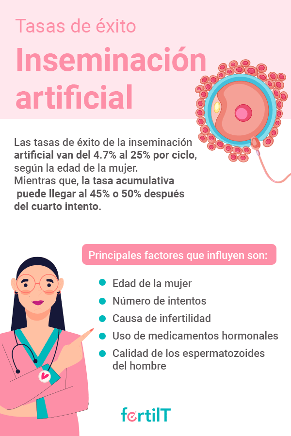 Infografía de los principales porcentajes de éxito de la inseminación artificial y los factores que influyen