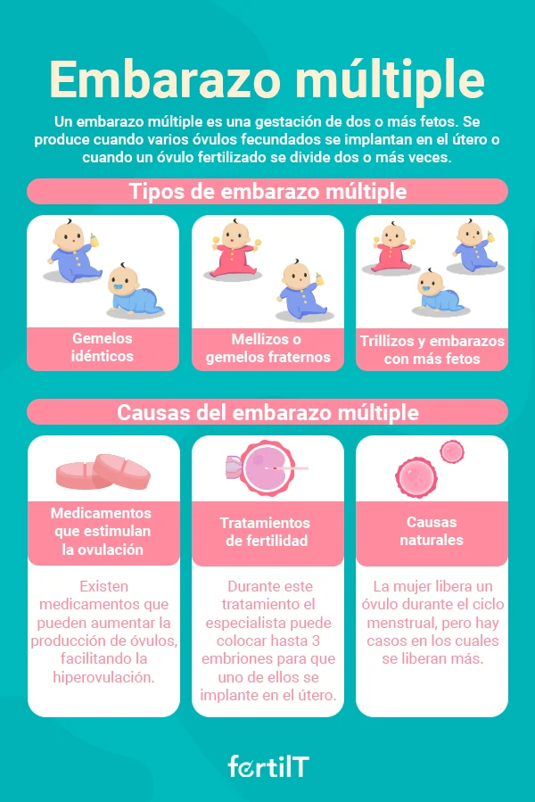 A colorful infographic explains multiple pregnancies, detailing types such as identical twins and fraternal twins, alongside causes including ovulation-stimulating medications, fertility treatments, and natural factors.