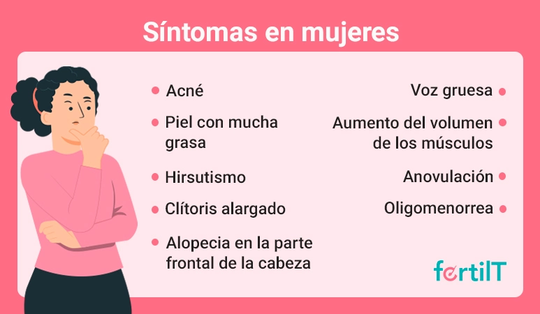 Síntomas del hiperandrogenismo femenino en infografía rosada
