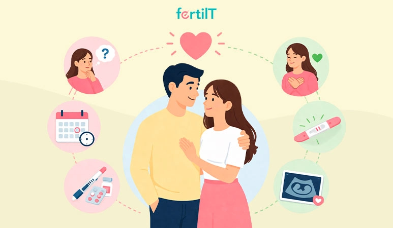 Pareja acompañándose durante el proceso de inseminación artificial, representando la preparación previa, el seguimiento médico y la espera del resultado del embarazo