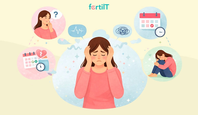 Mujer experimentando emociones durante un tratamiento de inseminación artificial, representando nervios, incertidumbre y estrés en el proceso de fertilidad asistida