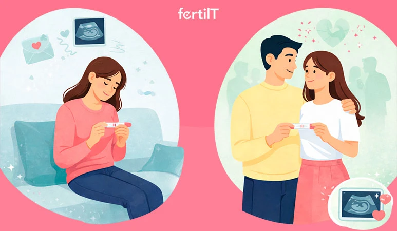 Mujer realizando test de embarazo sola y en pareja compartiendo resultado positivo, representando las emociones de vivir la inseminación artificial sola o en pareja