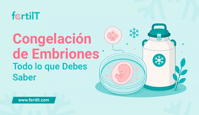 Portada para artículo de blog con ilustración de un embrión, un contenedor médico y símbolos de frío, relacionada con información sobre conservación embrionaria.