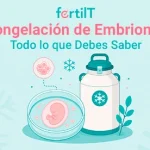 Portada informativa de FertilT sobre congelacion embriones, con ilustración de un embrión, un contenedor de criopreservación y elementos visuales relacionados con bajas temperaturas.