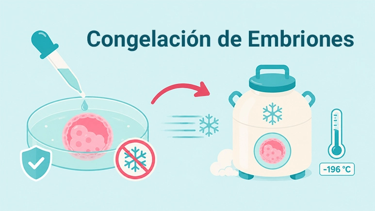 Ilustración informativa sobre congelación de embriones, con un embrión en conservación, un tanque de criopreservación y una referencia de temperatura de -196 °C.